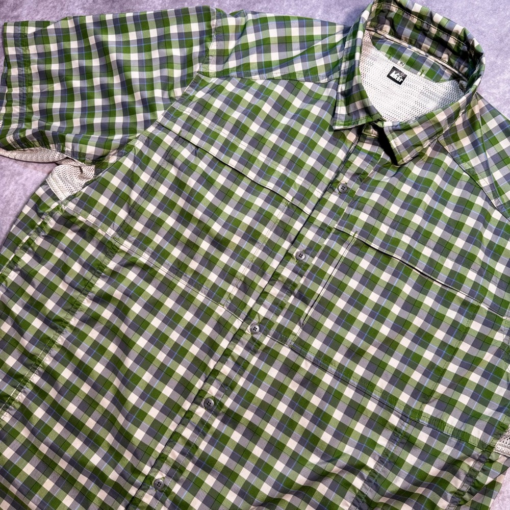REI Co-op Mens XL Green Plaid Short Sleeve Ventilated Hiking Fishing Shirt